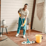 Femeie curăță podeaua din lemn cu mop.